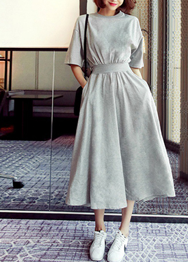 심플 허리 밴딩 무지 반팔 원피스[OP10785]