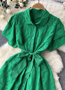 ◈[당일발송] 펀칭 패턴 스트랩 카라 원피스[OP10769A]